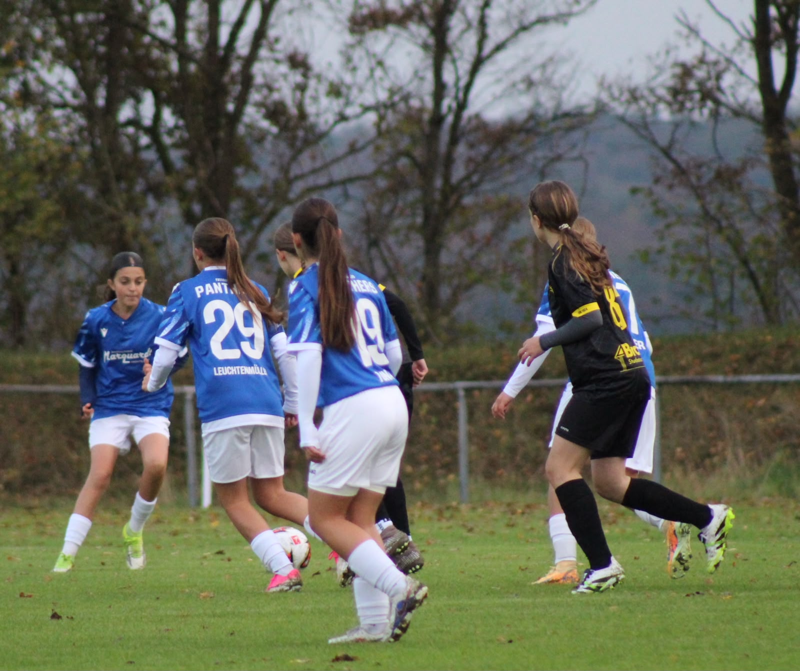 Mehrere Panthers-Spielerinnen in blauen Trikots am Ball, daneben eine Gegenspielerin in Schwarz.
