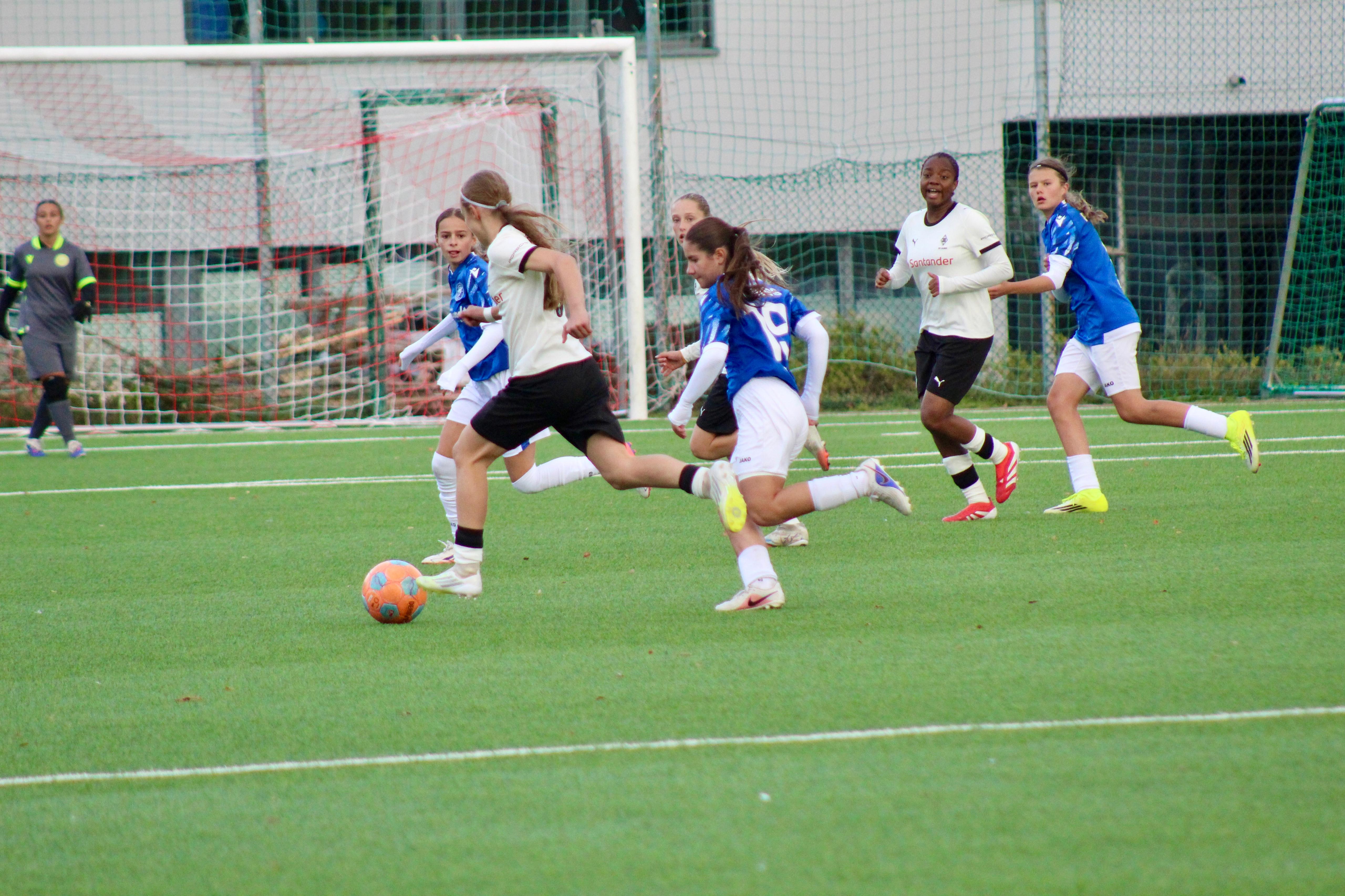 Spielerin in weißem Trikot treibt den Ball, dahinter sprintet eine Spielerin in blauem Trikot mit der Nummer 19 hinterher, im Hintergrund Tor und Torhüterin